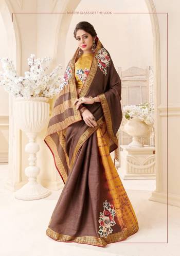 Grab This Beautiful Silk Based Saree In Brown And Musturd Yellow Color Paired With Musturd Yellow Colored Blouse. This Saree And Blouse Are Fabricated On Art Silk Beautified With Prints And Patch Work. 