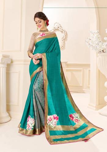 Simple And Elegant Looking Silk Based Saree Is Here In Blue And Grey Color Paired With beige Colored Blouse. This Saree And Blouse Are Fabricated On Art Silk Beautified With Prints And Patch Work. 