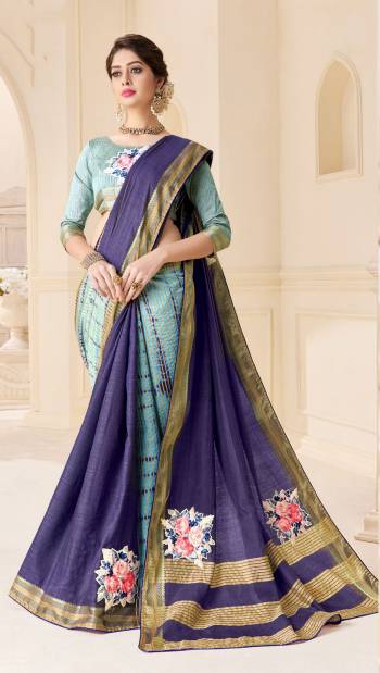 Simple And Elegant Looking Silk Based Saree Is Here In Violet And Aqua Blue Color Paired With Aqua Blue Colored Blouse. This Saree And Blouse Are Fabricated On Art Silk Beautified With Prints And Patch Work. 