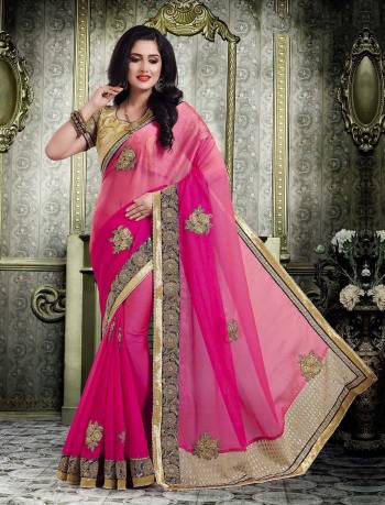 Shine Bright Wearing This Designer Saree In Rani Pink Color Paired With Beige Colored Blouse. This Saree Is Fabricated On Chiffon Paired With Art Silk Fabricated Blouse. Its Bright Color Will Give An Attractive Look To Your Personality. 