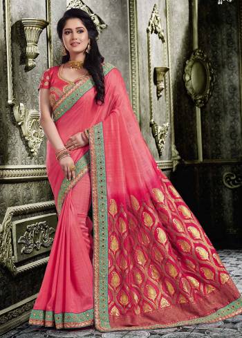 Get Ready For The Upcmong Festive And Wedding Season With This Designer Saree In Dark Pink Color Paired With Red Colored Blouse. This Saree Is Fabricated On Banarasi Art Silk Paired With Art Silk Fabricated Blouse. 