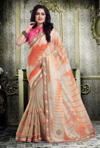 Grab This Shaded Cream And Orange Colored Saree Paired With Dark Pink Colored Blouse. This Saree Is Fabricated On Georgette Beautified With Attractive Embroidery All Over.Buy Now.