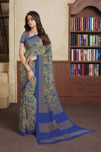 Here Is A Very Pretty Crepe Fabricated Saree with Crepe Fabricated Blouse, Beautified With Prints All Over. This Saree Is Light In Weight And Easy To Carry All Day Long. Buy Now