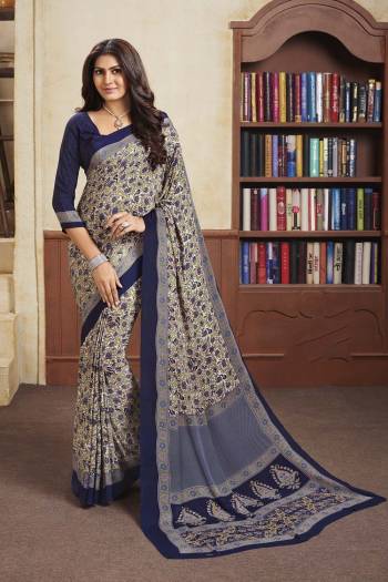 Add This Beautiful Saree To Your Wardrobe For Your Casuals Or Semi-Casual Wear. This Saree And Blouse Are Crepe Based Beautified With Prints. Grab It Now.