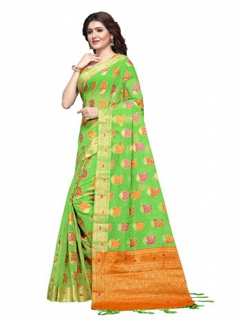 For Your Semi Casuals, Grab This Beautiful Saree Fabricated on Cotton Silk Paired With Cotton Silk fabricated Blouse. It Is Beautified With Weave Making The Saree More Attractive. Buy Now.