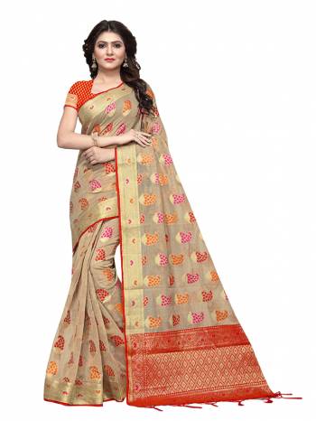 For Your Semi Casuals, Grab This Beautiful Saree Fabricated on Cotton Silk Paired With Cotton Silk fabricated Blouse. It Is Beautified With Weave Making The Saree More Attractive. Buy Now.