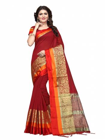 For Your Semi Casuals, Grab This Beautiful Saree Fabricated on Cotton Silk Paired With Cotton Silk fabricated Blouse. It Is Beautified With Weave Making The Saree More Attractive. Buy Now.