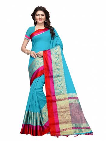 This Festive Season, Feel Comfortable And Look Beautiful Wearing This Lovely Cotton Silk Based Saree Beautified With Weave All. This Saree Is Light In Weight And easy To Carry All Day Long. Buy Now.