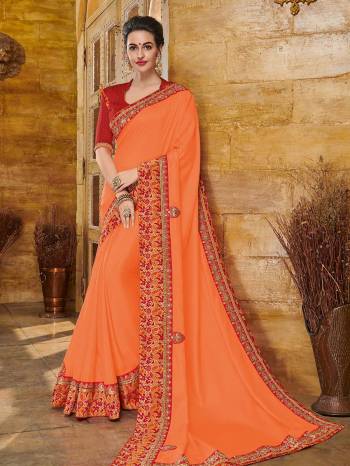 Change your wardrobe and get classier outfits like this gorgeous Orange color silk fabrics saree. Ideal for party, festive & social gatherings. this gorgeous saree featuring a beautiful mix of designs. Its attractive color and heavy designer embroidered saree, patch design, full saree design saree, beautiful floral design all over work over the attire & contrast hemline adds to the look. Comes along with a contrast unstitched blouse.