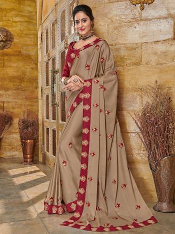 Flaunt your gorgeous look wearing this beige color two tone bright georgette saree. Ideal for party, festive & social gatherings. this gorgeous saree featuring a beautiful mix of designs. Its attractive color and heavy designer embroidered saree, full saree design saree, beautiful floral design all over work over the attire & contrast hemline adds to the look. Comes along with a contrast unstitched blouse.