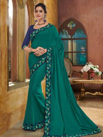 You Look elegant and stylish this festive season by draping this Teal green color silk fabrics saree. Ideal for party, festive & social gatherings. this gorgeous saree featuring a beautiful mix of designs. Its attractive color and heavy designer embroidered saree, full saree design saree, beautiful floral design all over work over the attire & contrast hemline adds to the look. Comes along with a contrast unstitched blouse.