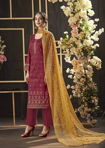 Shine Bright Wearing This Designer Suit In Dark Pink Color Paired With Contrasting Musturd Yellow Colored Dupatta. This Dress Material Is Cotton Based Paired With Chiffon Dupatta. Buy Now.