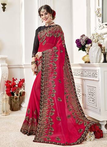 Bright And Visaully Appealing Color Is Here With This Designer Saree In Dark Pink Color Paired With Black Colored Blouse. This Saree Is Fabricated On Georgette Paired With Art Silk Fabricated Blouse. Its Fabric Ensures Superb Comfort All Day Long.