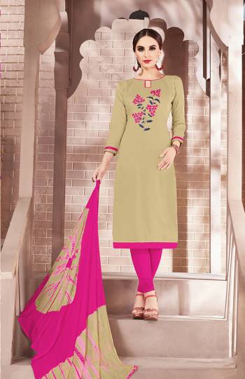 Add Some Casual With This Cotton Based Dress Material Paired With Chiffon Dupatta. Its Top Is Beautified With Thread Work Which Is Light In Weight And Easy To Carry All Day Long. Buy This Now.