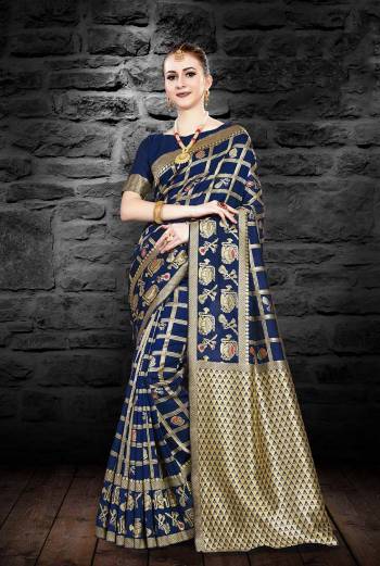 Enhance Your Personality In This Designer Silk Based Saree In Navy Blue Color Paired With Navy blue Colored Blouse. This Saree And Blouse Are Fabricated On Kanjivaram Art Silk Beautified With Weave All Over It.