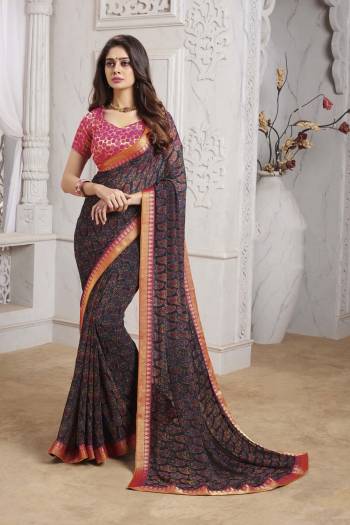 Grab This Very Pretty Saree For Your Casual Or Semi-Casual Wear, This Pretty Saree Is Georgette Based Beautified With Prints And Lace Border. This Saree Is Light In Weight And Easy To Carry All Day Long.