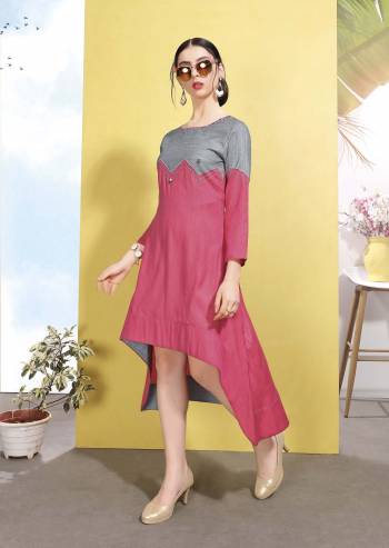 High Low Patterned Designer Readymade Kurti In Pink And Grey Color Fabricated On Wrinkle Free Cotton. It Is Soft Towards Skin And Esnures Superb Comfort All Day Long.