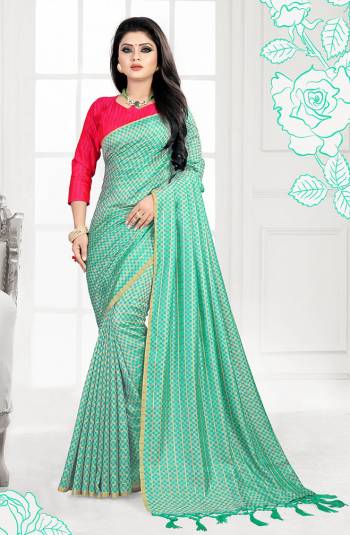 Add This Pretty Color Pallete With This Designer Saree In Turquoise Blue Color Paired With Contrasting Dark Pink Colored Blouse. This Saree And Blouse Are Silk Based Beautified With 3D Checks Weave All Over It, Buy Now.