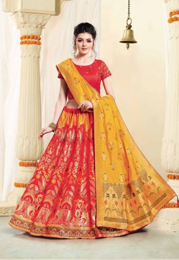 Adorn The Beautiful Angelic Look Wearing This Bright Color Pallete Lehenga Choli In Red Color Paired With Contrasting Musturd Yellow Colored Dupatta. Its Blouse Is Fabricated On Art Silk Paired With Jacquard Silk Fabricated Lehenga And Dupatta. Buy Now.