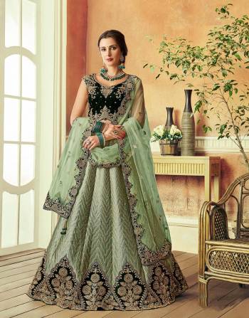 Timeless trousseau essential will best describe this delicately charming lehenga in the prettiest shade of green. Add some meenakari jewels to look stunning. 