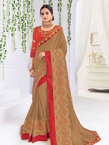 Look your ethnic best by wearing this beige color bright georgette saree. Ideal for party, festive & social gatherings. this gorgeous saree featuring a beautiful mix of designs. Its attractive color and heavy designer embroidered with zari thread design, stone design, beautiful floral design all over work over the attire & contrast hemline adds to the look. Comes along with a contrast unstitched blouse.