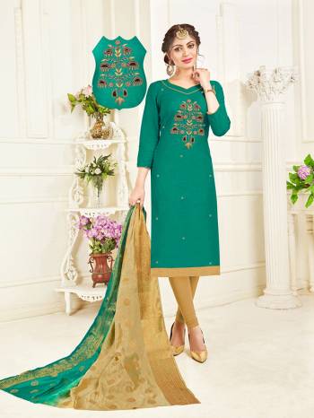 Add This Designer Dress Material To Your Wardrobe In Sea Green Colored Top Paired With Contrasting Beige Colored Bottom And Beige And Sea Green Shaded Dupatta. Its Top IS Fabricated On South Cotton Paired With Cotton Bottom And Banarasi Art Silk Dupatta.  Get This Stitched As Per Your Desired Fit And Comfort. 