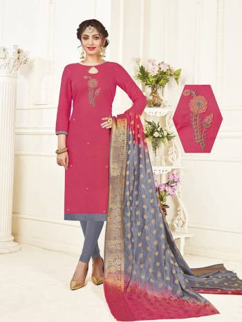 Bright And Visually Appealing Color Is Here With This Designer Straight Suit In Dark Pink Colored Top Paired With Contrasting Grey Colored Bottom And Pink & Grey Shaded Dupatta. This Dress Material Is Cotton Based Beautified With Hand Work Paired With Banarasi Dupatta. 