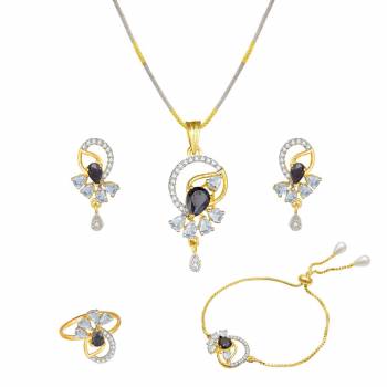 Grab This Pretty Elegant And Delicate Patterned Pendant Set Which Comes With A Pair Of Earrings, Ring And A Bracelet. This Pretty Set Is Light In Weight And Easy To Carry All Day Long. Also It Can Be Paired With Any Colored Attire. Buy Now.