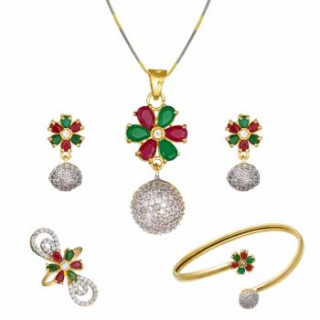 Grab This Pretty Elegant And Delicate Patterned Pendant Set Which Comes With A Pair Of Earrings, Ring And A Bracelet. This Pretty Set Is Light In Weight And Easy To Carry All Day Long. Also It Can Be Paired With Any Colored Attire. Buy Now.