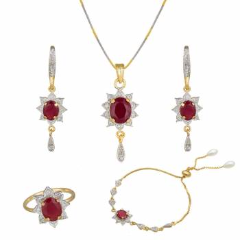 Grab This Pretty Elegant And Delicate Patterned Pendant Set Which Comes With A Pair Of Earrings, Ring And A Bracelet. This Pretty Set Is Light In Weight And Easy To Carry All Day Long. Also It Can Be Paired With Any Colored Attire. Buy Now.