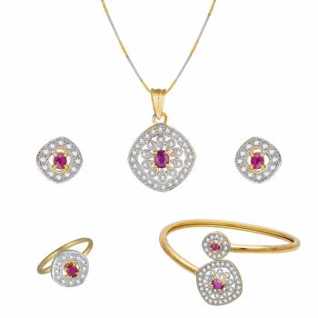 Grab This Pretty Elegant And Delicate Patterned Pendant Set Which Comes With A Pair Of Earrings, Ring And A Bracelet. This Pretty Set Is Light In Weight And Easy To Carry All Day Long. Also It Can Be Paired With Any Colored Attire. Buy Now.