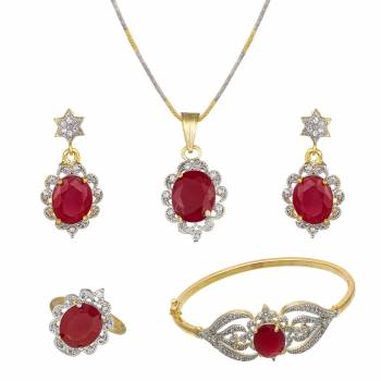 Grab This Pretty Elegant And Delicate Patterned Pendant Set Which Comes With A Pair Of Earrings, Ring And A Bracelet. This Pretty Set Is Light In Weight And Easy To Carry All Day Long. Also It Can Be Paired With Any Colored Attire. Buy Now.