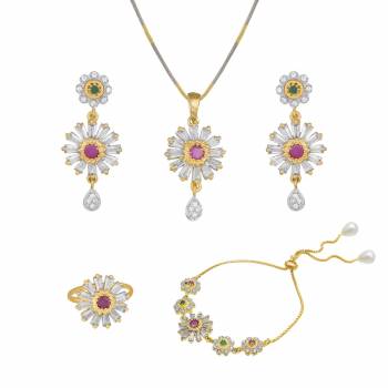 Grab This Pretty Elegant And Delicate Patterned Pendant Set Which Comes With A Pair Of Earrings, Ring And A Bracelet. This Pretty Set Is Light In Weight And Easy To Carry All Day Long. Also It Can Be Paired With Any Colored Attire. Buy Now.