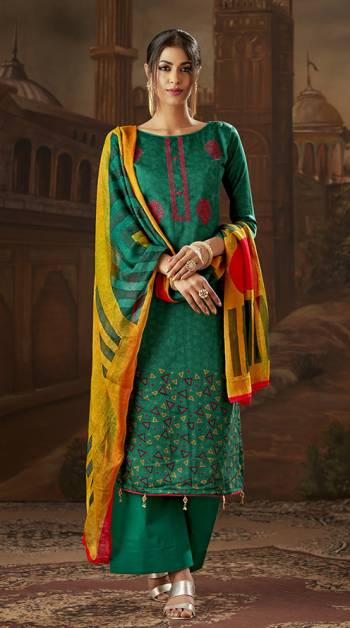 Grab This Pretty Suit For You Semi-Cauals In Pine Green Color Paired With Yellow And Pine Green Colored Dupatta. Its Top And Bottom Are Cotton Based Paired With Chiffon Dupatta. 