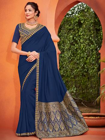 Wear this Blue color silk fabrics saree. this party wear saree won't fail to impress everyone around you. this gorgeous saree featuring a beautiful mix of designs. Its attractive color and designer heavy embroidered silk design, stone design, beautiful floral design work over the attire & contrast hemline adds to the look. Comes along with a contrast unstitched blouse.