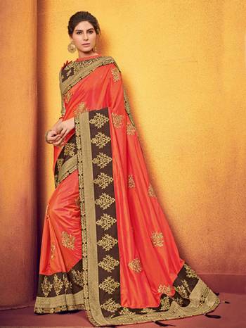 Bring out the best in you when wearing this orange color two tone silk fabrics saree. Ideal for party, festive & social gatherings. this gorgeous saree featuring a beautiful mix of designs. Its attractive color and designer floral design, stone work over the attire & contrast hemline adds to the look. Comes along with a contrast unstitched blouse.