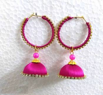 Grab This Beautiful Earrings Set In Jhumki Style Which Can Be Paired With Any Contrasting Or Same Colored Traditional Attire. Mixture Of Metal And Resham Thread Are Used To Make This Beautiful Earrings Beautified With Stone Work.