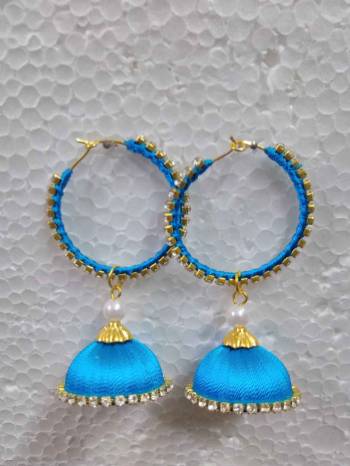 Grab This Beautiful Earrings Set In Jhumki Style Which Can Be Paired With Any Contrasting Or Same Colored Traditional Attire. Mixture Of Metal And Resham Thread Are Used To Make This Beautiful Earrings Beautified With Stone Work.