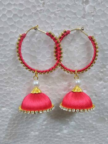 Grab This Beautiful Earrings Set In Jhumki Style Which Can Be Paired With Any Contrasting Or Same Colored Traditional Attire. Mixture Of Metal And Resham Thread Are Used To Make This Beautiful Earrings Beautified With Stone Work.