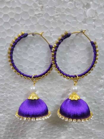 Grab This Beautiful Earrings Set In Jhumki Style Which Can Be Paired With Any Contrasting Or Same Colored Traditional Attire. Mixture Of Metal And Resham Thread Are Used To Make This Beautiful Earrings Beautified With Stone Work.