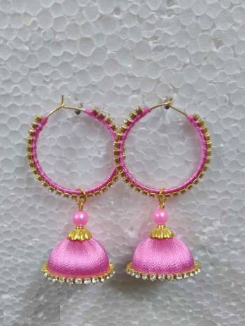 Grab This Beautiful Earrings Set In Jhumki Style Which Can Be Paired With Any Contrasting Or Same Colored Traditional Attire. Mixture Of Metal And Resham Thread Are Used To Make This Beautiful Earrings Beautified With Stone Work.