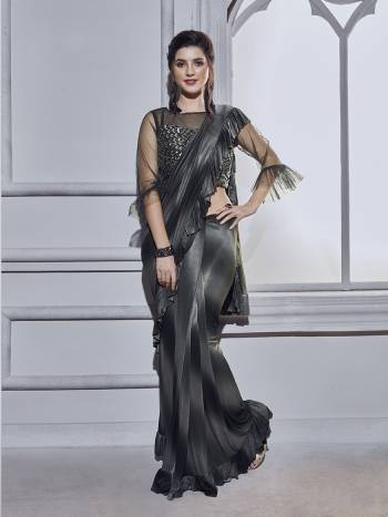 For A Bold And Beautiful Look, Grab This Designer Ready To Wear Saree In Grey And Black Color Paired With Black Colored Blouse. This Saree And Blouse Are Fancy Fabric Based Beautified Attractive Embroidery And Drapes. 