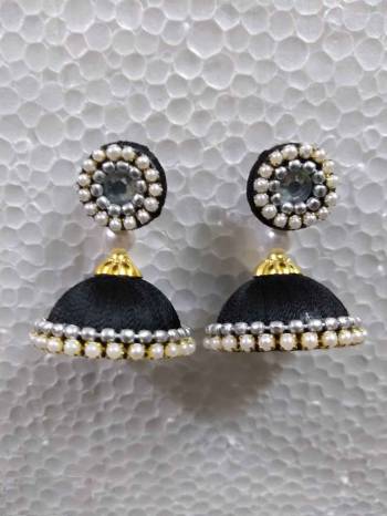 Grab This Beautiful Earrings Set In Jhumki Style Which Can Be Paired With Any Contrasting Or Same Colored Traditional Attire. Made With Resham Thread And Beautified With Pearl Work.