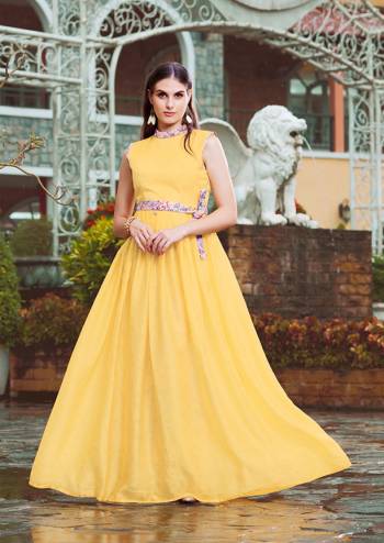 Grab This Designer Readymade Gown For The Upcoming Party At Your Palce. This Pretty Gown Is Fabricated On Crepe Silk Which IS Soft Towards Skin And Easy To Carry All Day Long. Buy Now.