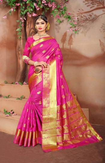 This Festive Season, Adorn A Pretty Look With Comfort Wearing This Saree Fabricated On Cotton Silk Beautified With Weave All Over It. This Saree Is Light Weight And Easy To Drape. Buy Now.