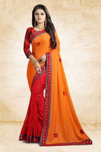 This Festive Season, Look The Most Amazing Of All Wearing This Designer Saree In Orange  And Red Color Paired With Red Colored Blouse. This Saree Is Fabricated On Satin Silk And Brasso Paired With Art Silk Fabricated Blouse. Buy Now.