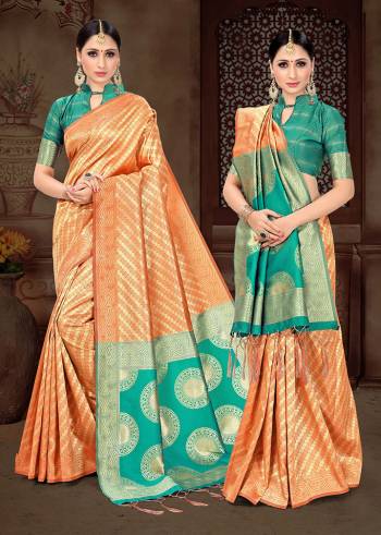 Celebrate This Festive With Beauty And Comfort Draping This Pretty Saree In Orange Color Paired With Contrasting Sea Green Colored Blouse. This Saree And Blouse Are Silk Based Beautified With Heavy Weave, Buy now.