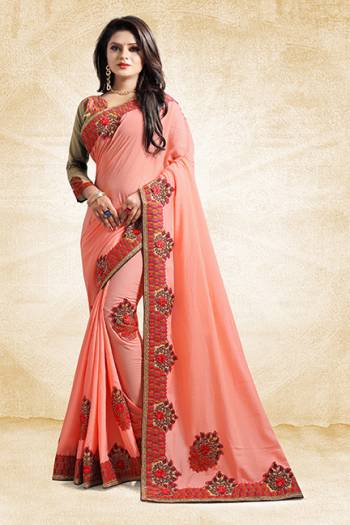 Add This Pretty Designer Saree To Your Wardrobe In Peach Color Paired With Golden Colored Blouse. This Saree And Blouse Are Silk Based Beautified With Heavy Embroidered Lace Border. Buy Now.