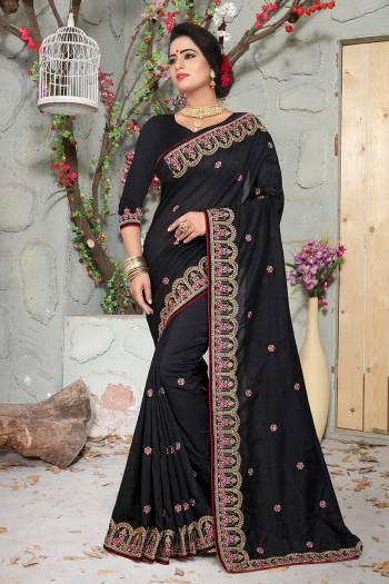 Grab This Designer Saree With A Clean And Elegant Embroidery. This Saree And Blouse Are Silk Beautified With Contrasting Thread And Jari Work. This Saree Is Light In Weight And Easy To Carry All Day Long. 