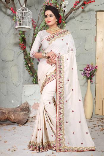 Grab This Designer Saree With A Clean And Elegant Embroidery. This Saree And Blouse Are Silk Beautified With Contrasting Thread And Jari Work. This Saree Is Light In Weight And Easy To Carry All Day Long. 